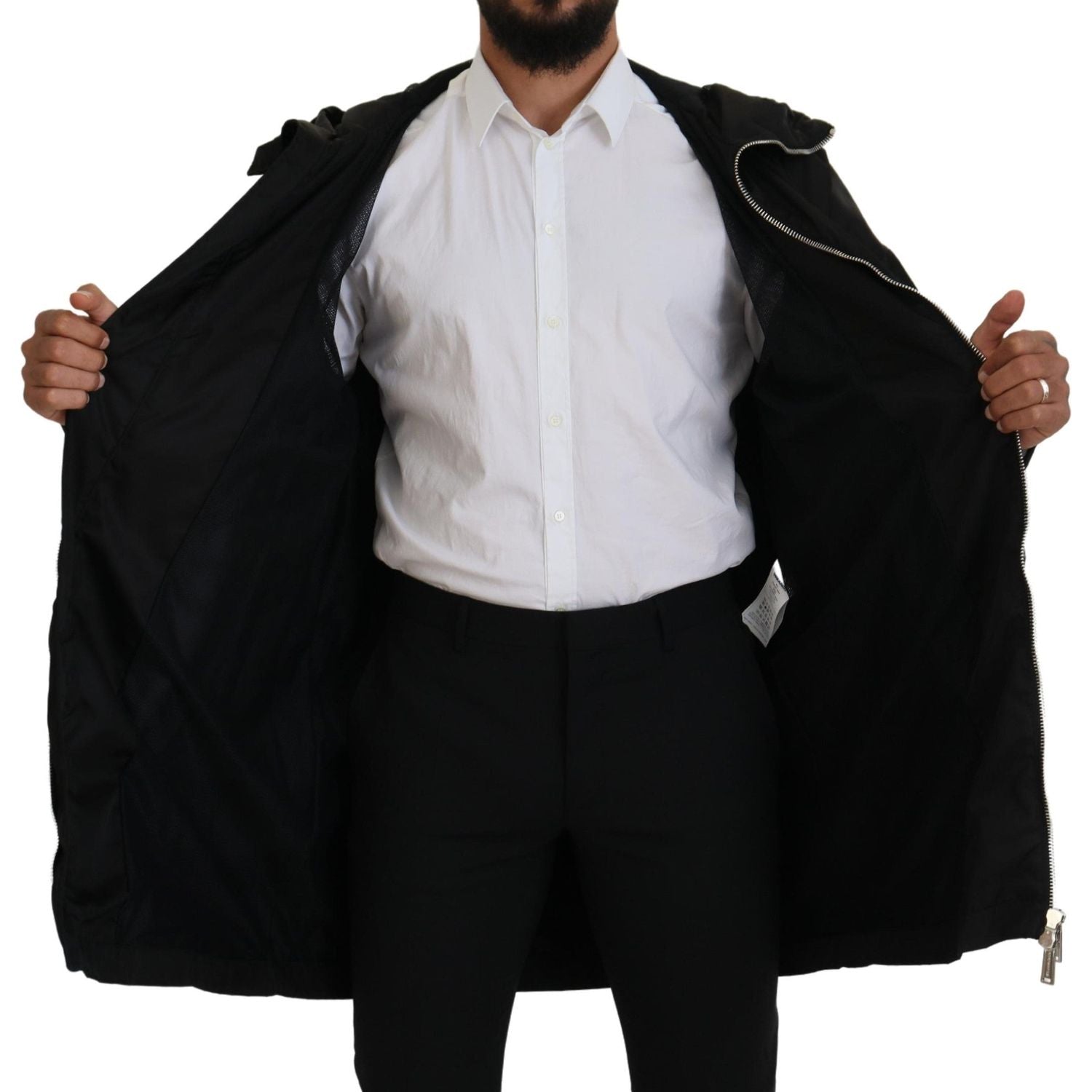 黑白印花长款连帽大衣尼龙夹克