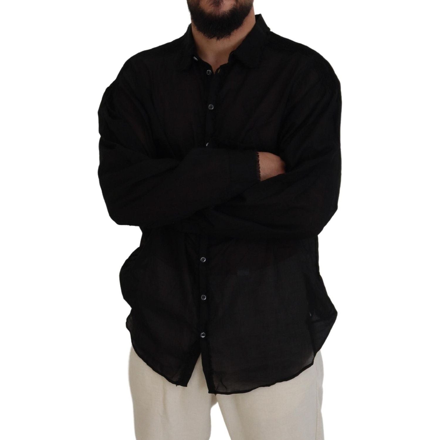 黑色棉质领长袖正装衬衫