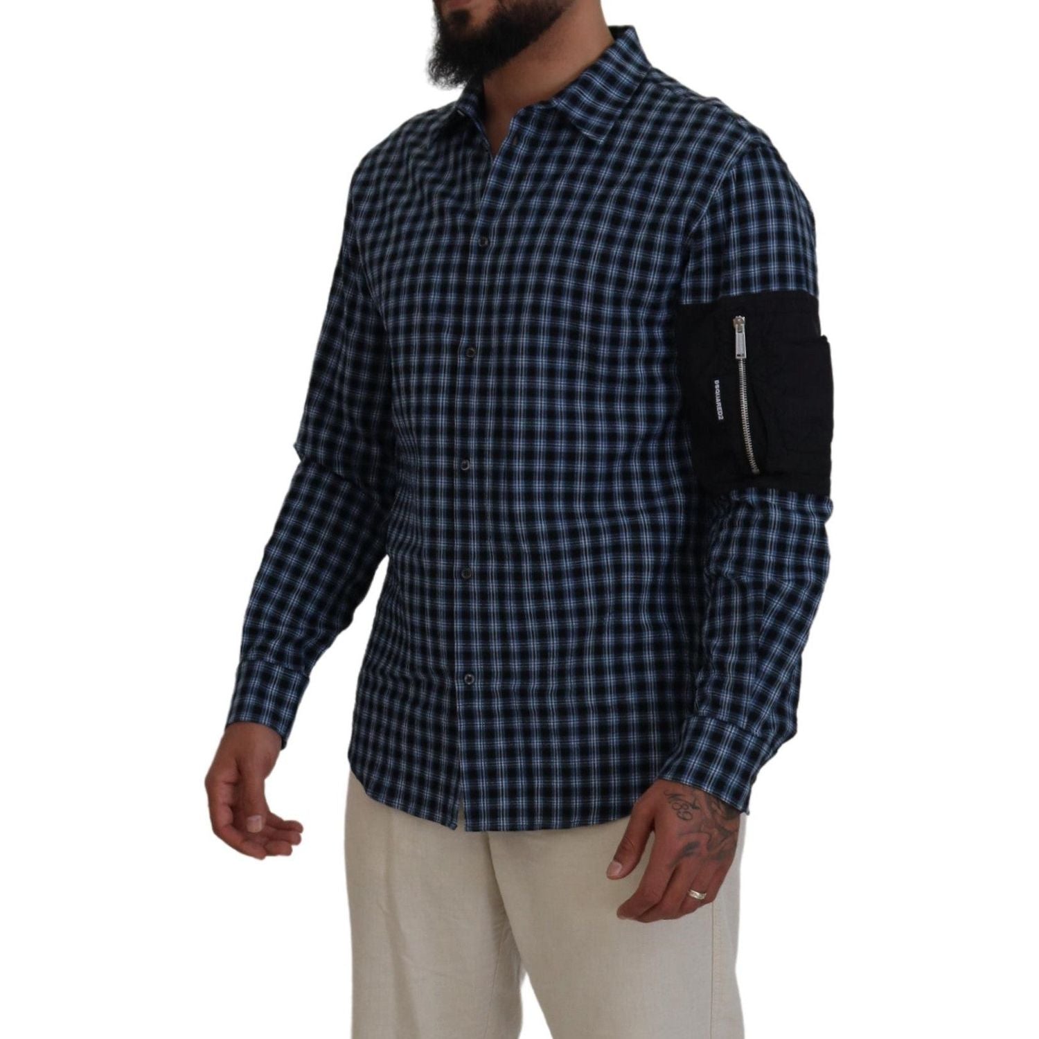 多色黑色手臂格子男式长袖衬衫