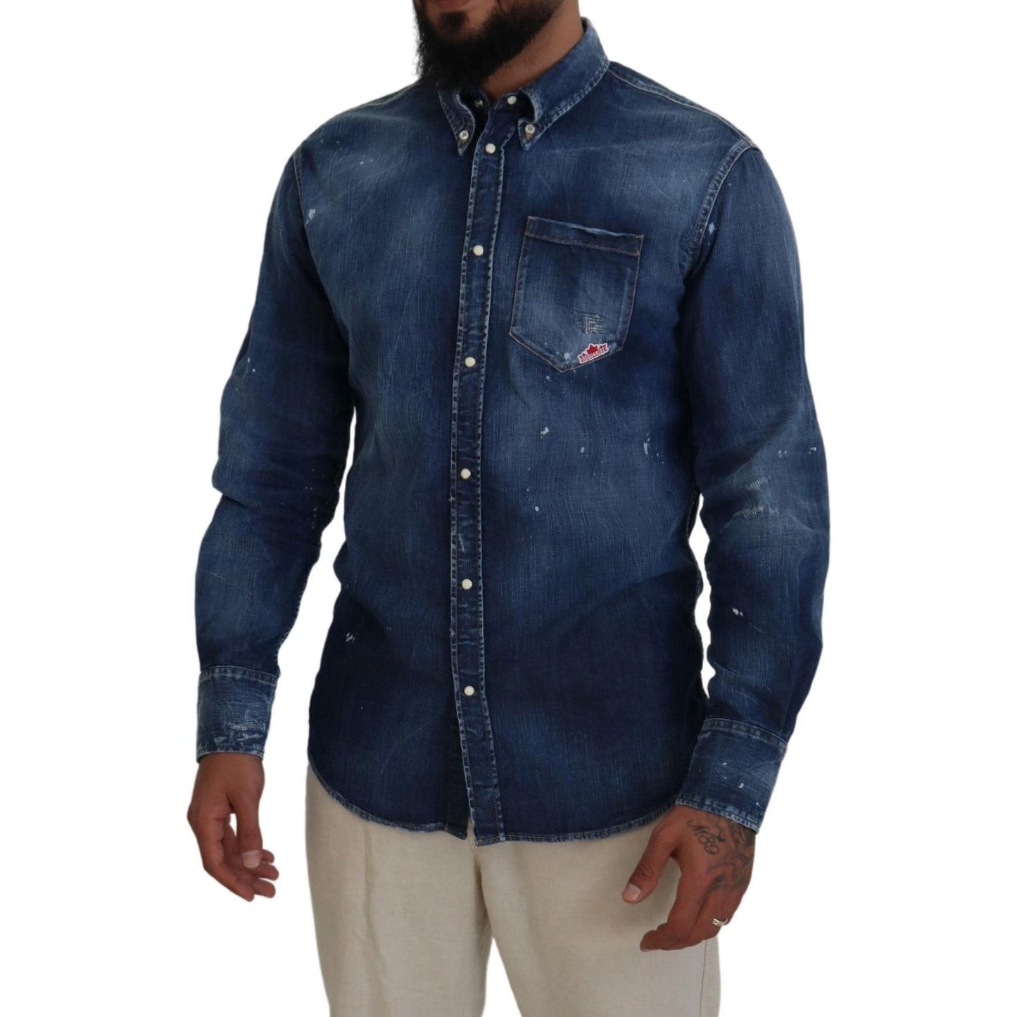 Dsquared² Blue Washed Collared Men Casual Long Sleeves Shirt Dsquared²