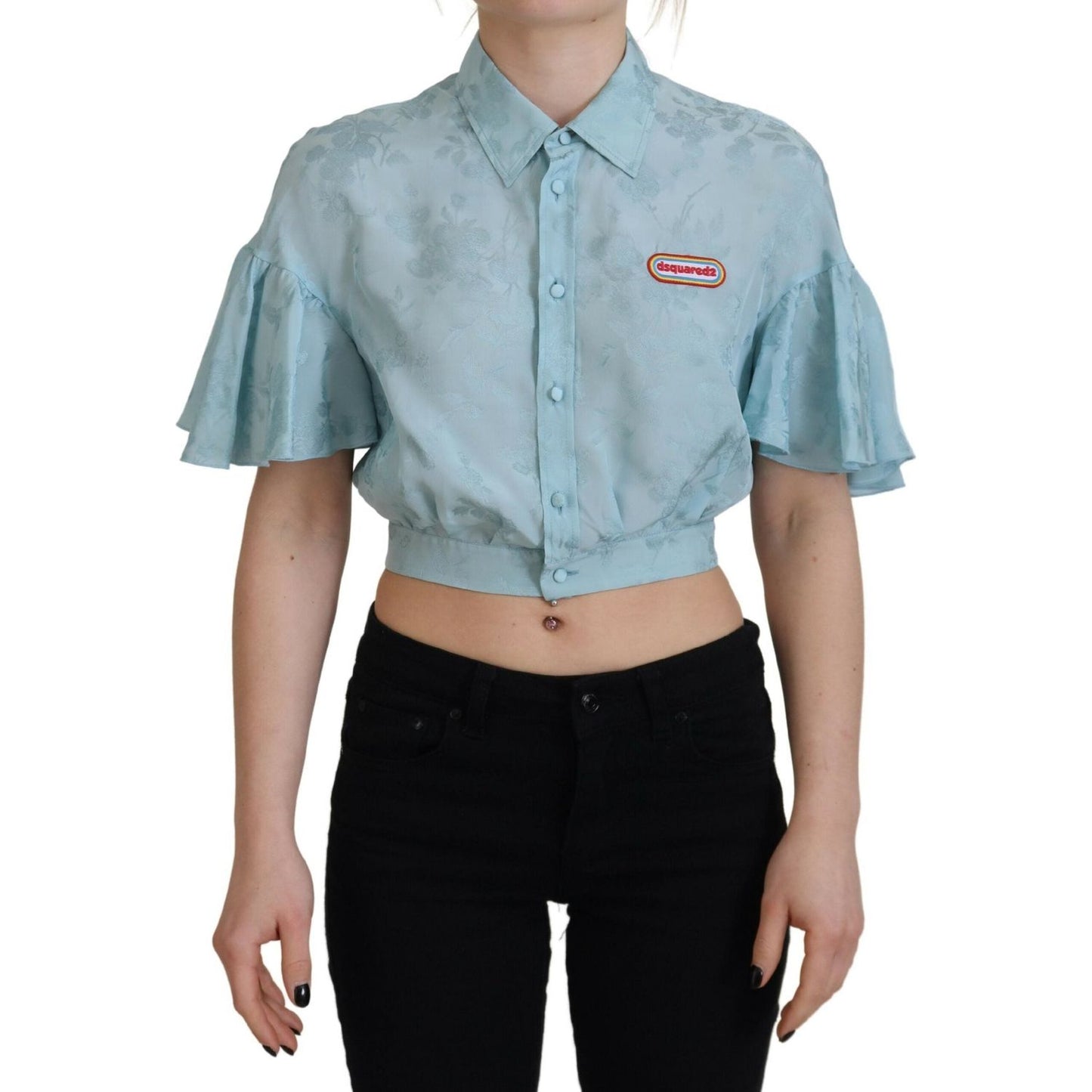 Dsquared² Blue Collared Button Down Short Sleeve Cropped Top Dsquared²