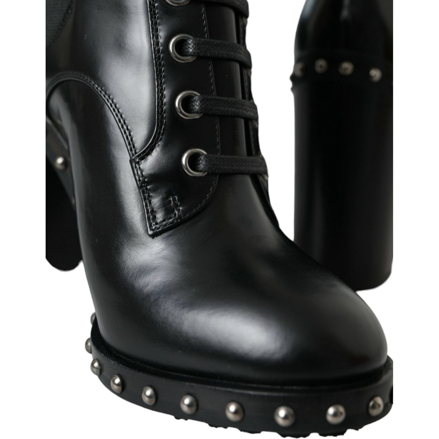 Dolce & Gabbana Black Leather Studded Lace Up Boots Shoes Dolce & Gabbana