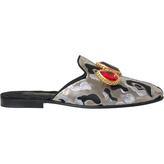 Dolce & Gabbana Gray Jacquard Crystal Mule Flat Sandals Shoes Dolce & Gabbana