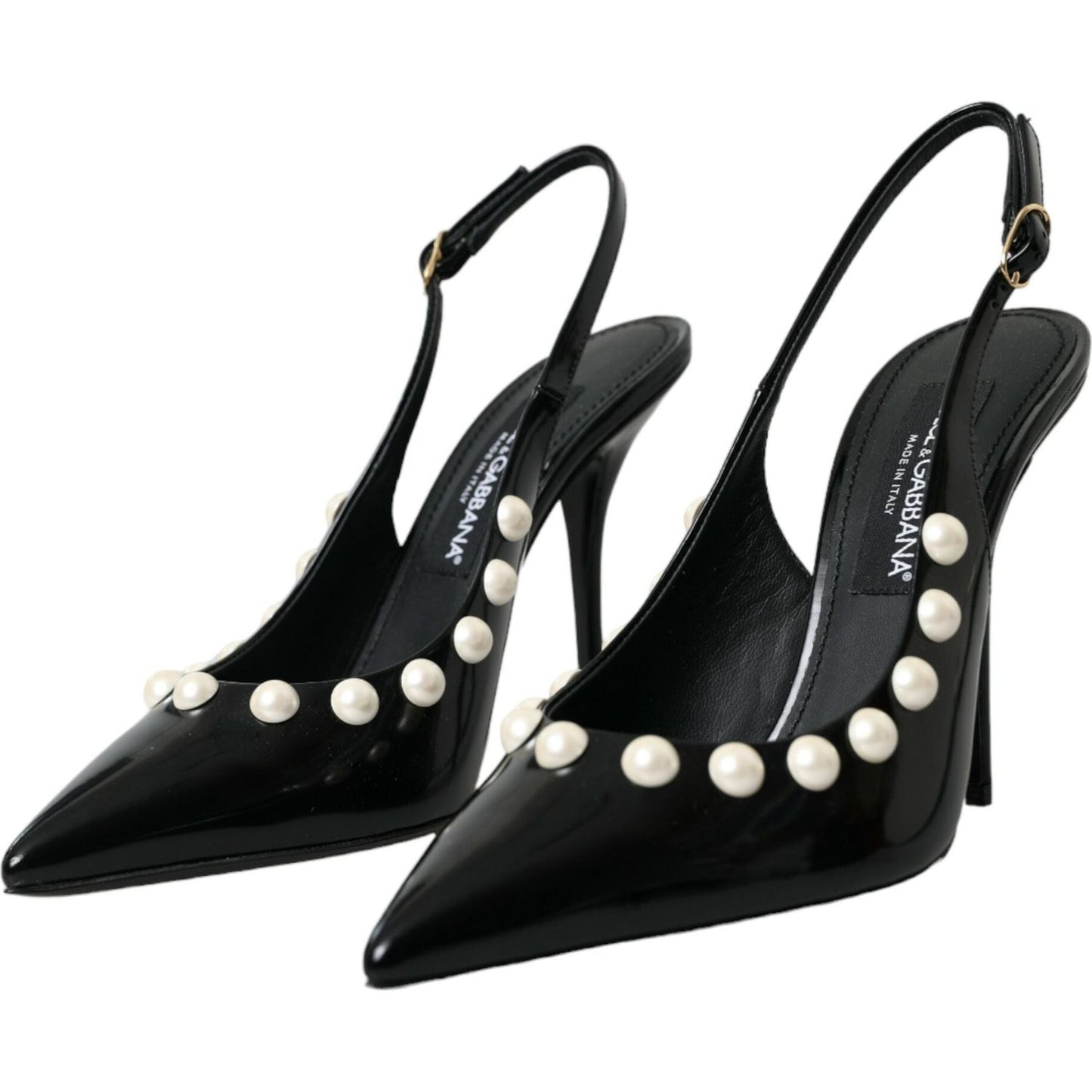 Dolce & Gabbana Black Leather Faux Pearl Heel Slingback Shoes Dolce & Gabbana