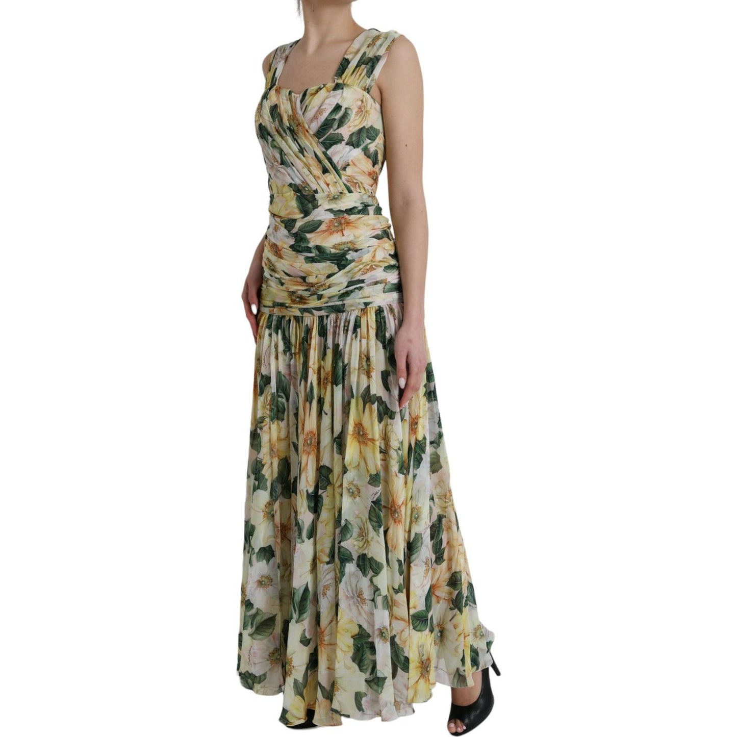 Dolce & Gabbana Yellow Floral Print Silk Pleated Maxi Dress Dolce & Gabbana