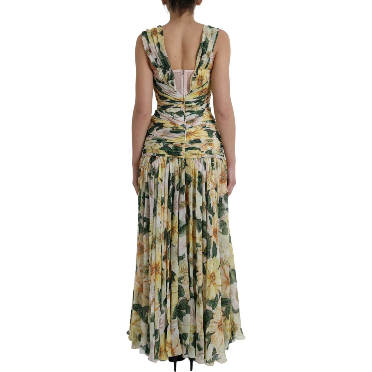 Dolce & Gabbana Yellow Floral Print Silk Pleated Maxi Dress Dolce & Gabbana