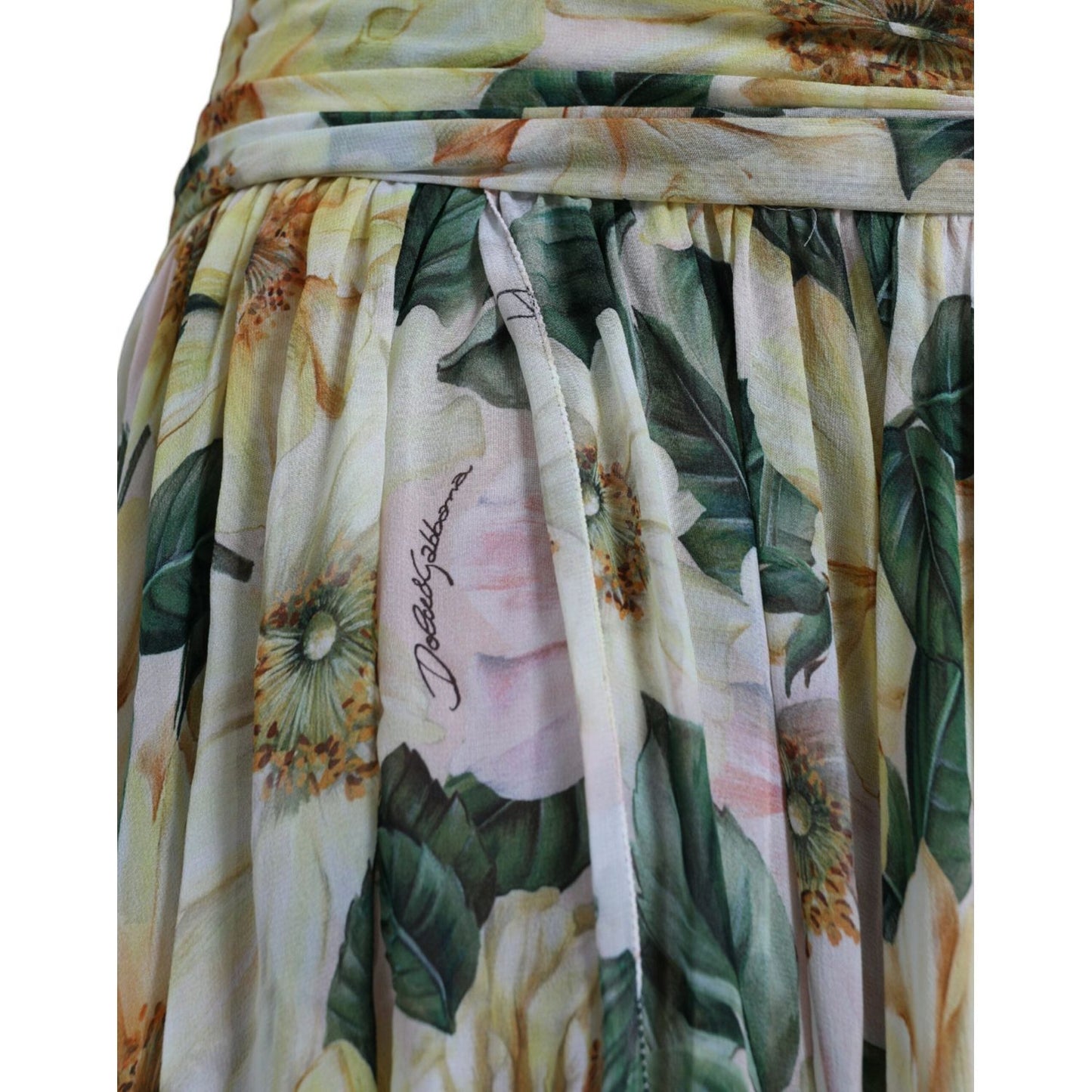 Dolce & Gabbana Yellow Floral Print Silk Pleated Maxi Dress Dolce & Gabbana