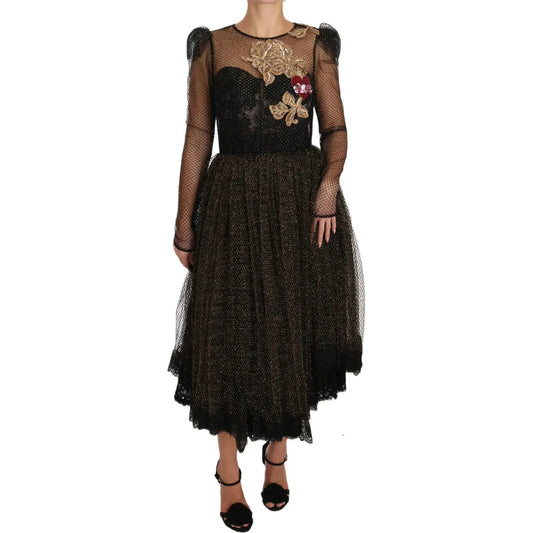 Dolce & Gabbana Black Gold Crystal Heart A-line Dress Dolce & Gabbana Black