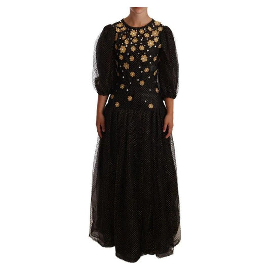 Dolce & Gabbana Black Crystal Floral Maxi Ball Gown Dress Dolce & Gabbana Black