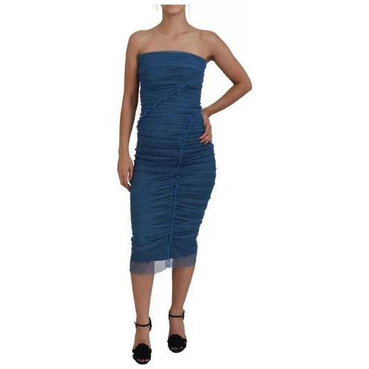 Dolce & Gabbana Blue Mesh Trim Ruched Tulle Sheath Dress 1728,67345645728,Blue,Clothing,Dolce & Gabbana,Dresses - Clothing,Dresses - Women - Clothing,IT40|S,Material: 50% Cotton 25% Nylon 20% Elastane 5% Silk,Midi - Dresses - Clothing,Preowned / Defect,Sl