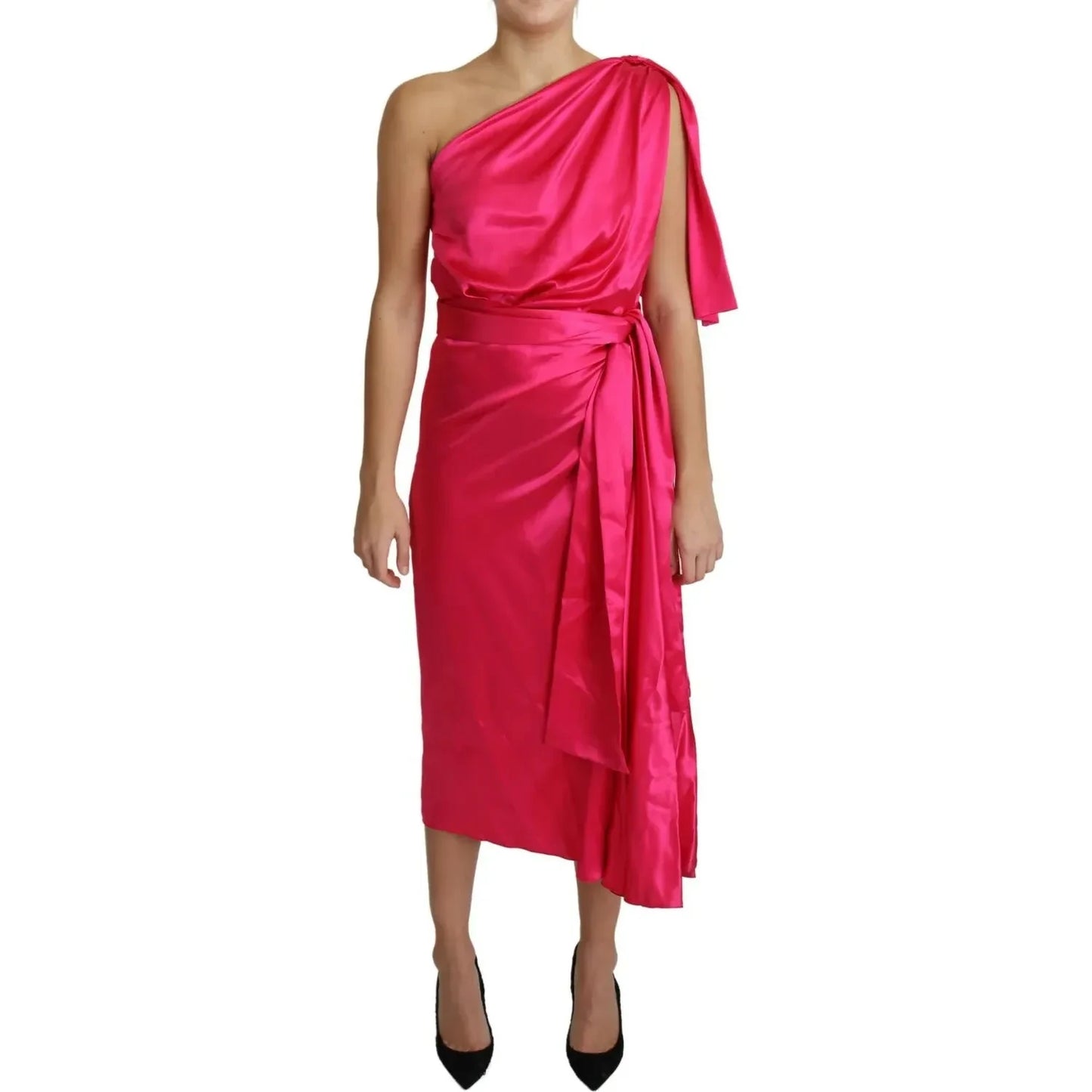 Dolce & Gabbana Fuchsia Fitted Cut One Shoulder Midi Dress Dolce & Gabbana Maroon