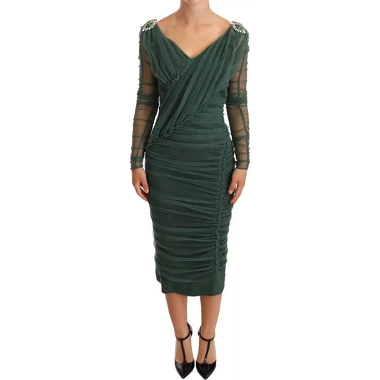 Dolce & Gabbana Green Ruched Stretch Tulle Crystal Midi Dress Dolce & Gabbana Dark Slate Gray