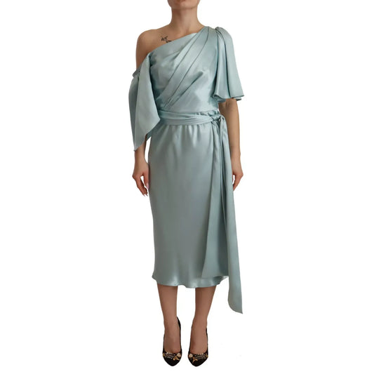 Dolce & Gabbana Silk Mint Green Fit Cut One Shoulder Midi Dress