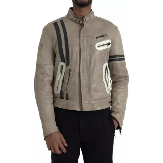 Dolce & Gabbana Beige Leather Full Zip Biker Coat Jacket Dolce & Gabbana Dim Gray