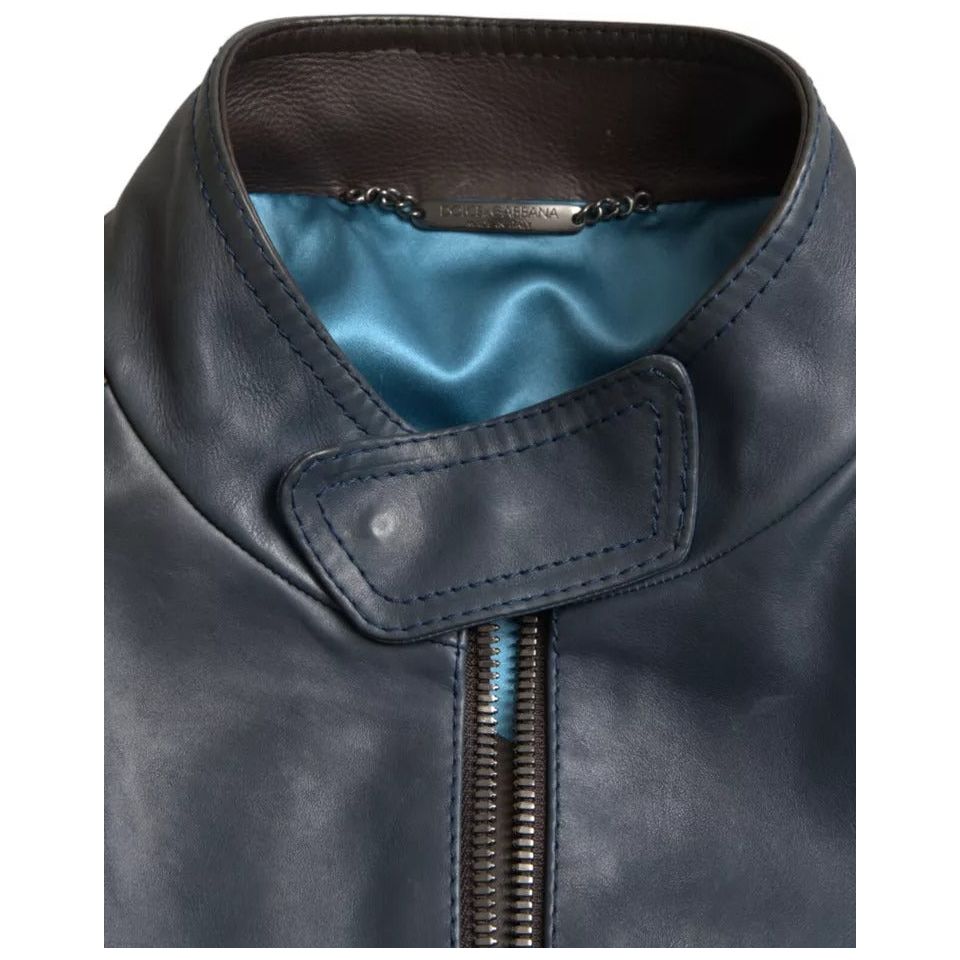 Dolce & Gabbana Blue Leather Full Zip Biker Blouson Jacket Dolce & Gabbana