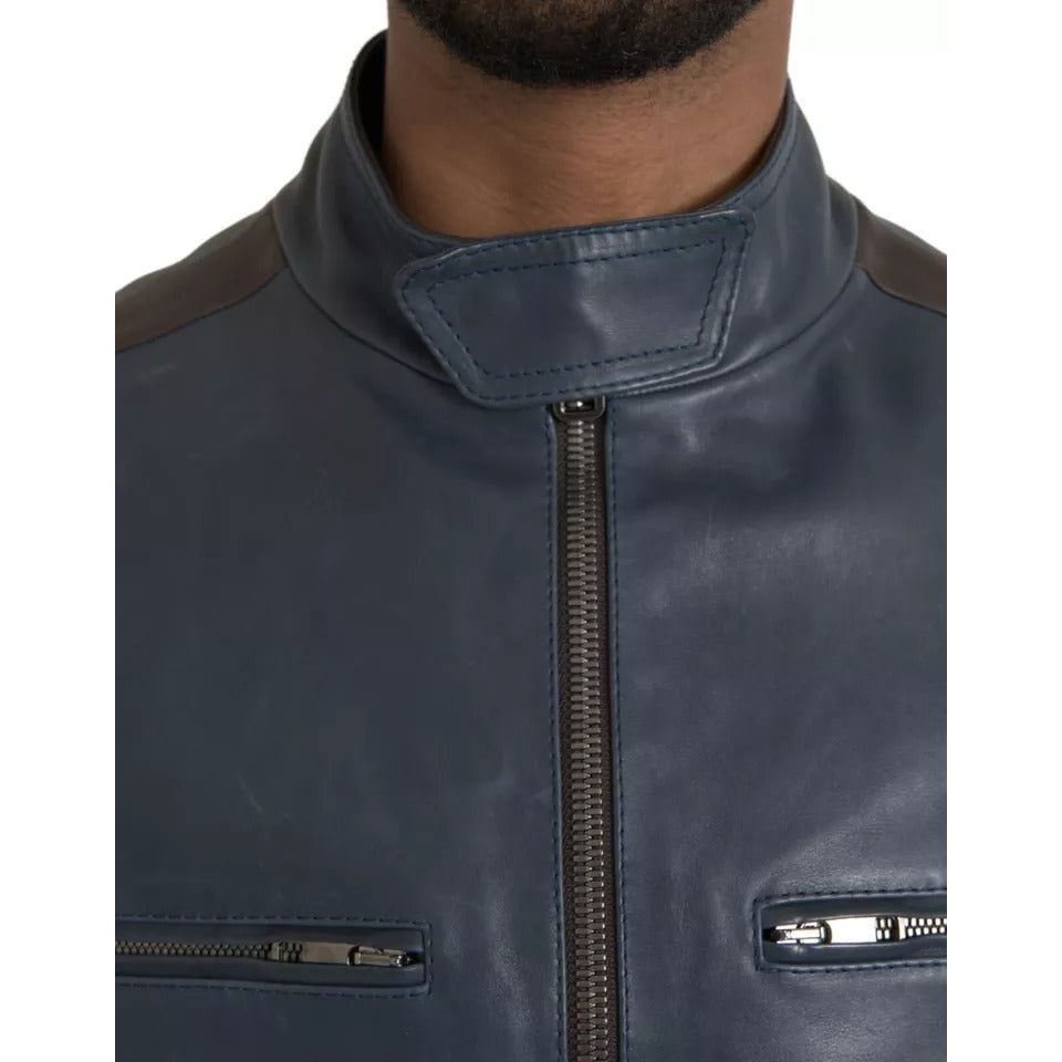 Dolce & Gabbana Blue Leather Full Zip Biker Blouson Jacket Dolce & Gabbana