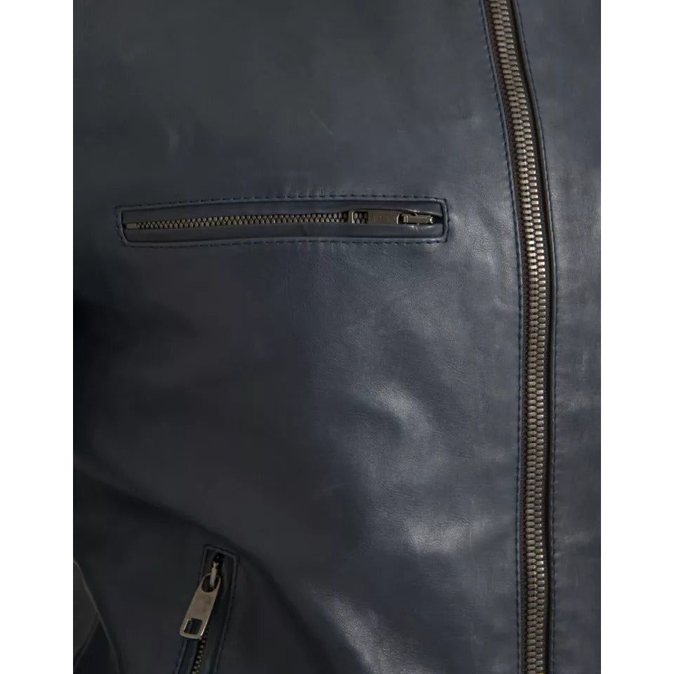 Dolce & Gabbana Blue Leather Full Zip Biker Blouson Jacket Dolce & Gabbana