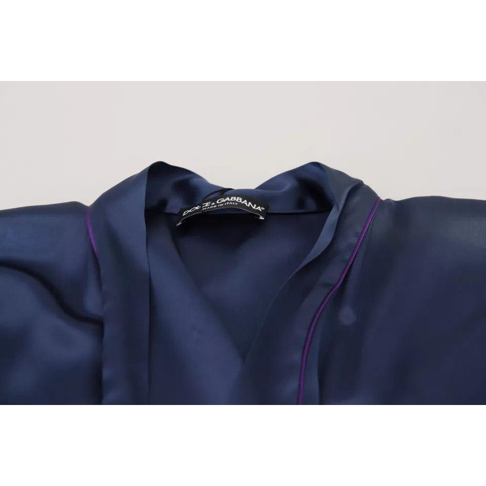 Dolce & Gabbana Blue Satin Silk Waist Belt Robe Jacket