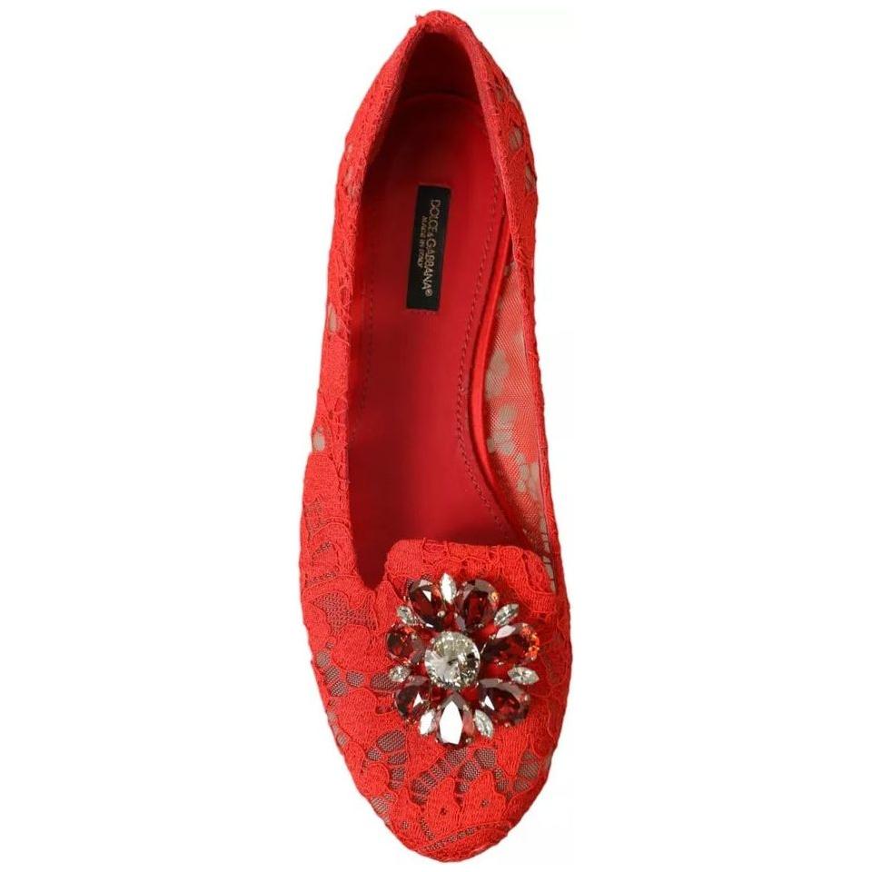 Dolce & Gabbana Red Lace Crystal Ballet Loafers Shoes Dolce & Gabbana