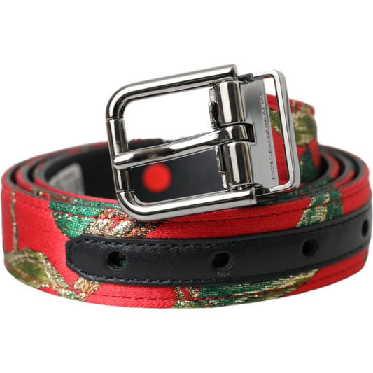 Dolce & Gabbana Red Leather Jacquard Silver Metal Buckle Belt Dolce & Gabbana