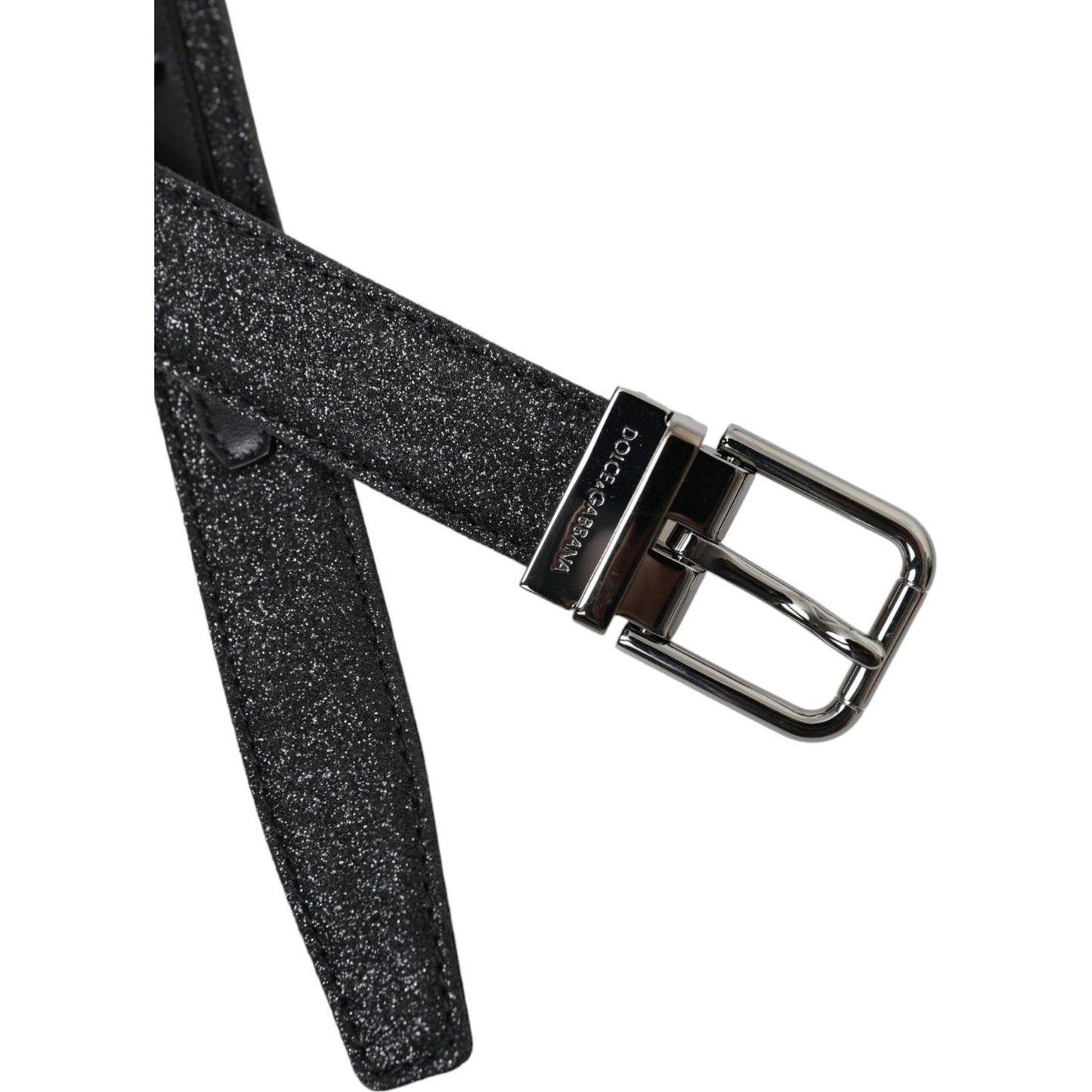 Dolce & Gabbana Black Glittered Leather Silver Buckle Belt Dolce & Gabbana