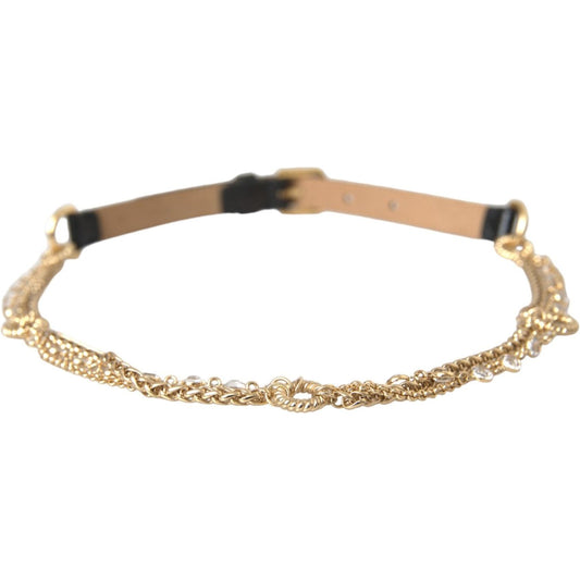 Dolce & Gabbana Black Leather Gold Chain Crystal Waist Women Belt Dolce & Gabbana