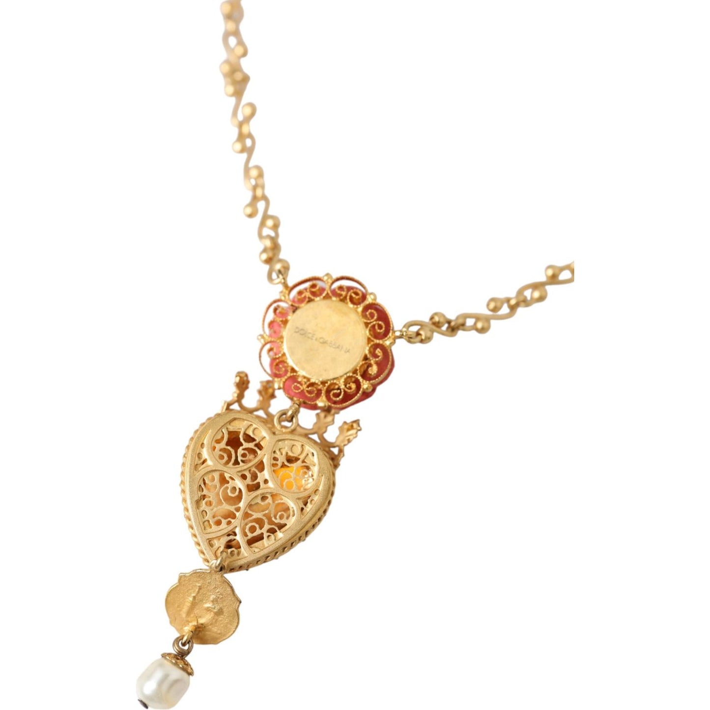 Dolce & Gabbana Gold BrassChain Sacred Heart Rose Crystal Charm Necklace Necklace Dolce & Gabbana