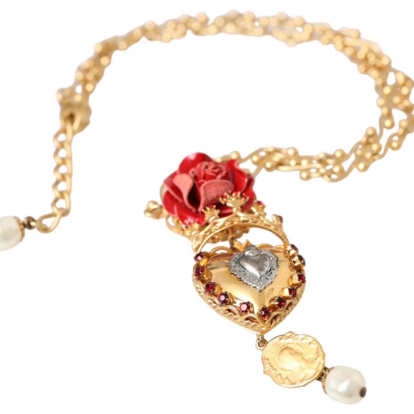 Dolce & Gabbana Gold BrassChain Sacred Heart Rose Crystal Charm Necklace Necklace Dolce & Gabbana