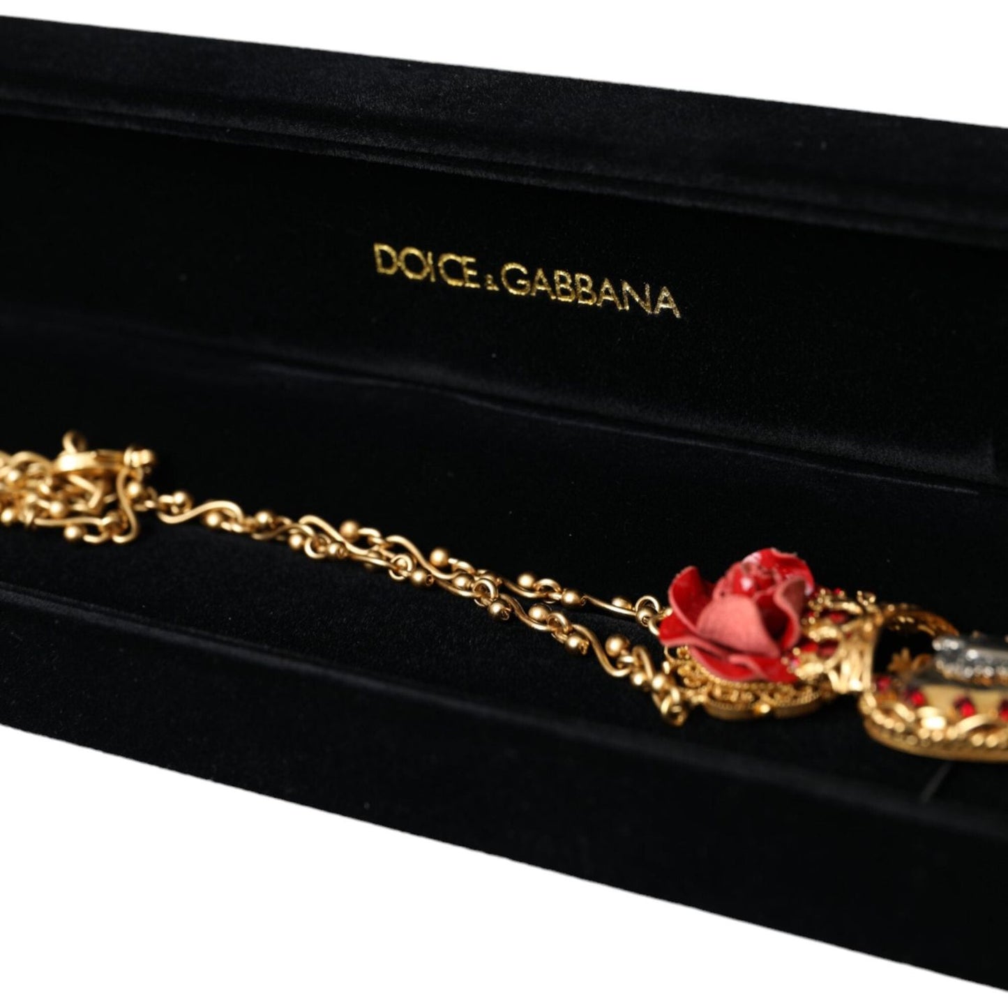 Dolce & Gabbana Gold BrassChain Sacred Heart Rose Crystal Charm Necklace Necklace Dolce & Gabbana