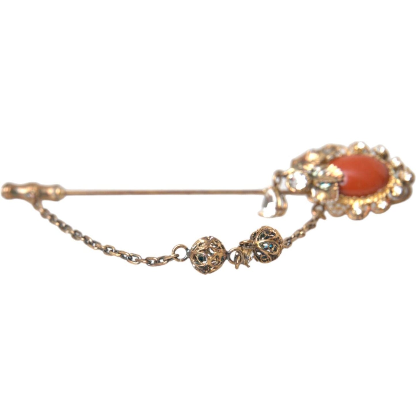 Dolce & Gabbana Gold Brass Crystal Chain 925 Sterling Silver Pin Brooch Brooch Dolce & Gabbana