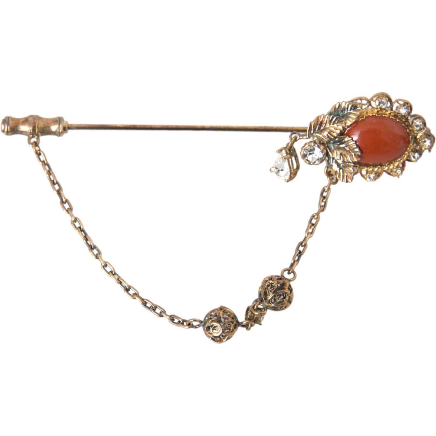 Dolce & Gabbana Gold Brass Crystal Chain 925 Sterling Silver Pin Brooch Brooch Dolce & Gabbana