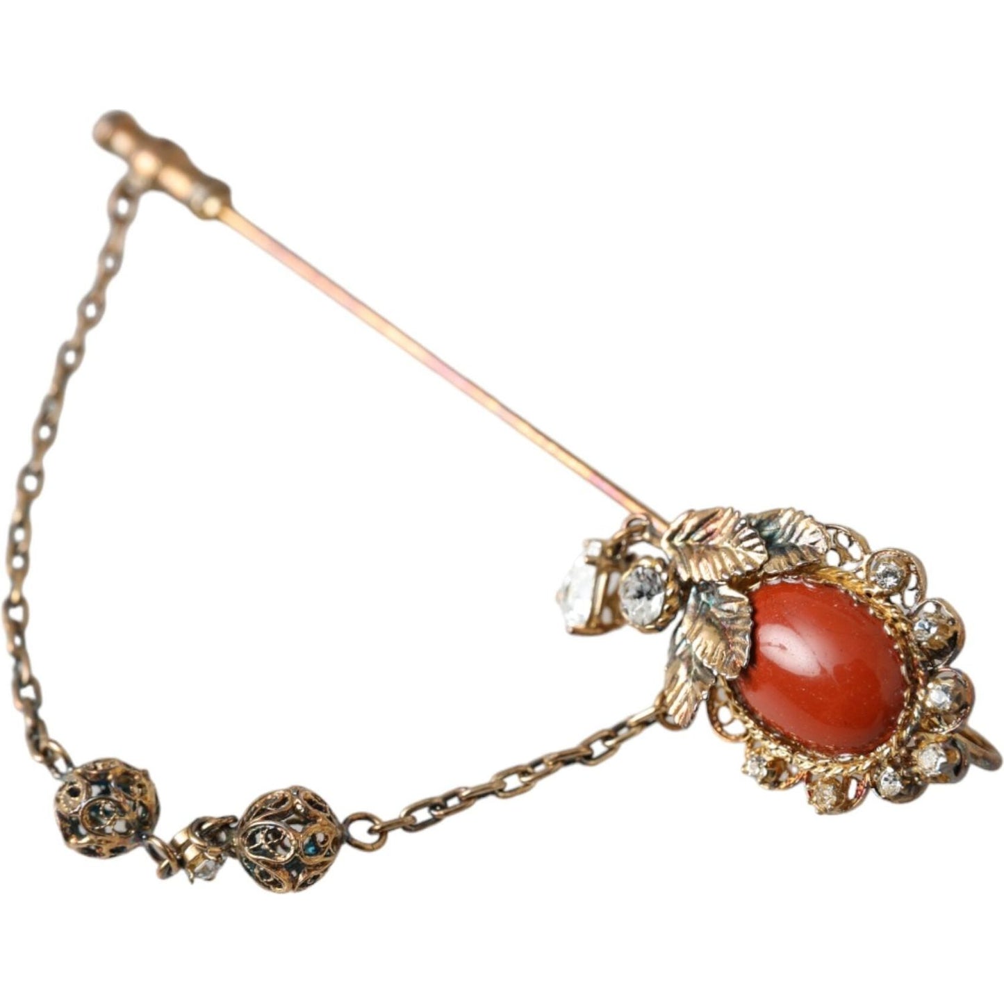 Dolce & Gabbana Gold Brass Crystal Chain 925 Sterling Silver Pin Brooch Brooch Dolce & Gabbana