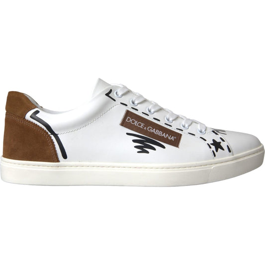 White Brown Leather Logo Low Top Sneakers Shoes