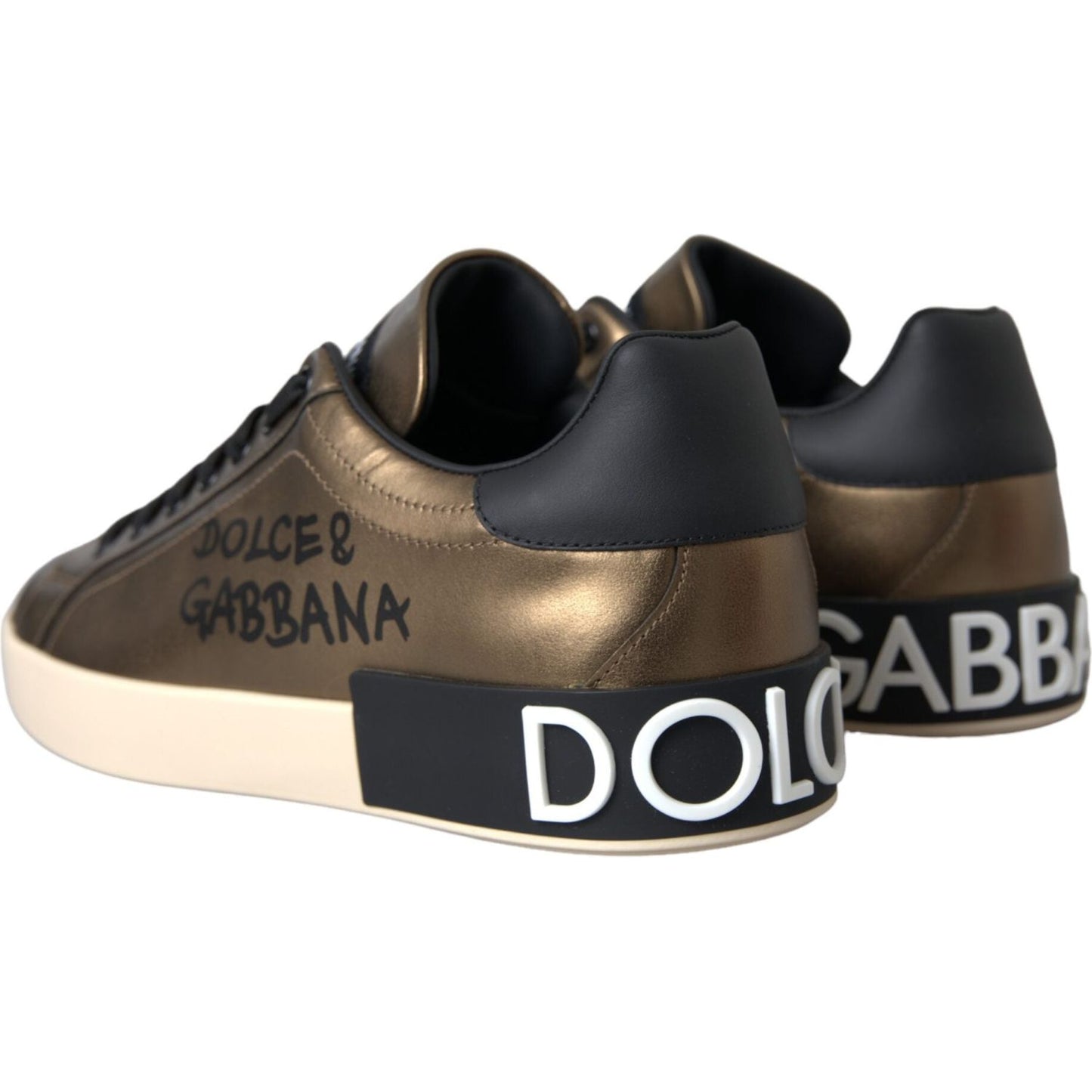 Dolce & Gabbana Gold Black Portofino Calf Leather Sneakers Shoes Dolce & Gabbana