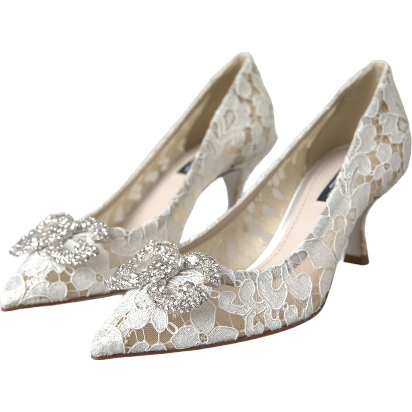 Dolce & Gabbana White Floral Lace DG Crystal Pumps Shoes Dolce & Gabbana