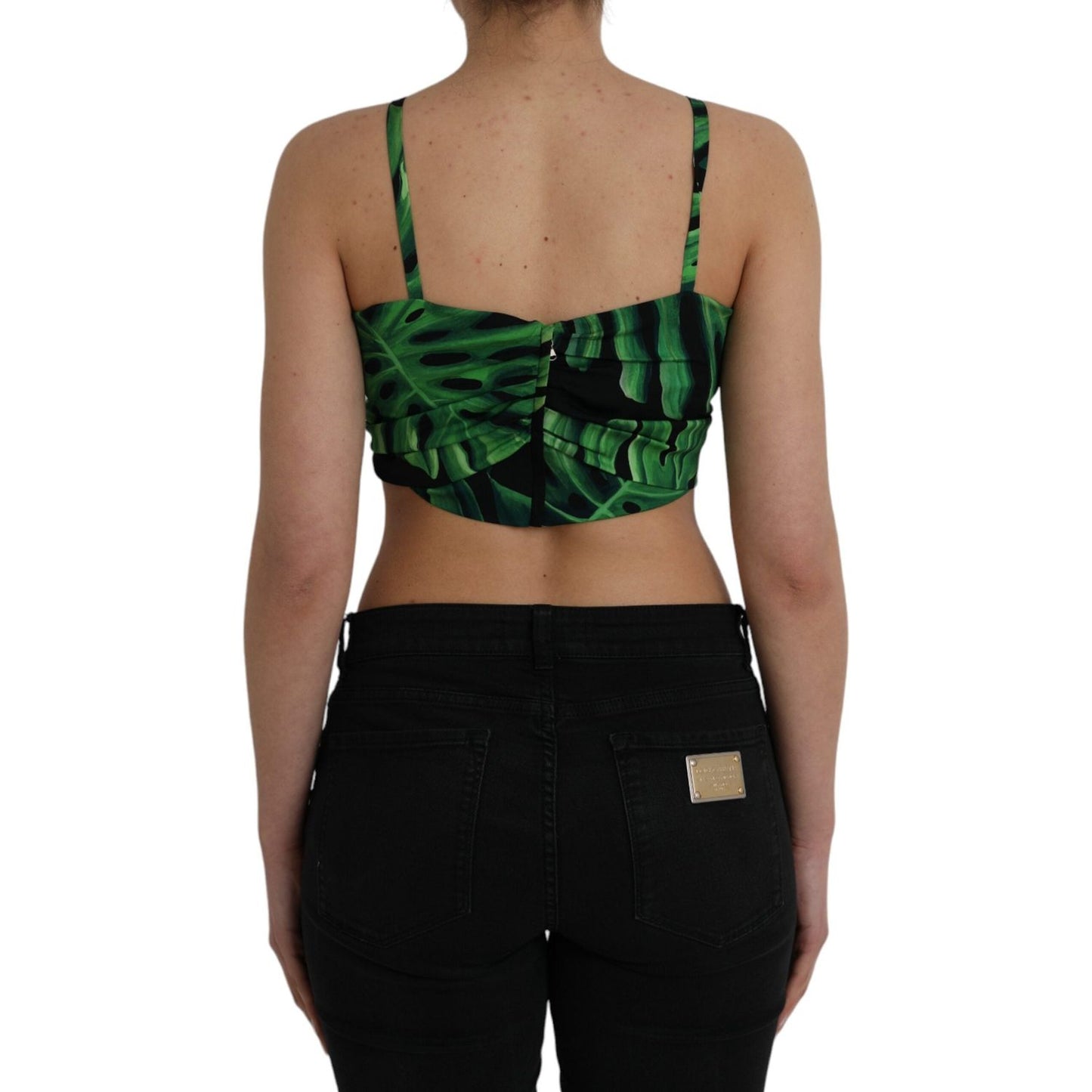 Dolce & Gabbana Black Green Leaf Silk Halter Cropped Top Dolce & Gabbana