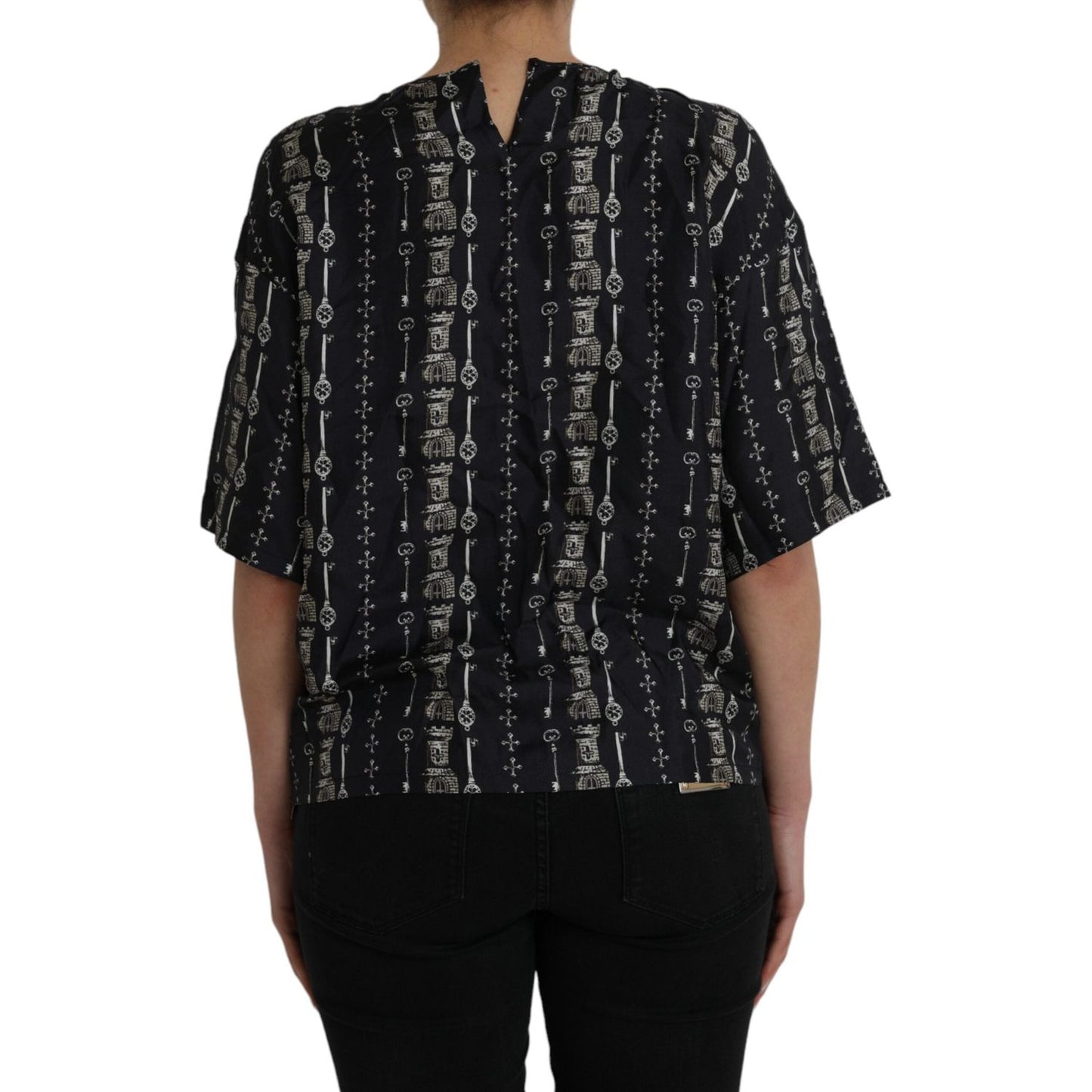 Dolce & Gabbana Black Key Castle Print Silk Blouse T-shirt Dolce & Gabbana