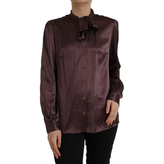 Dolce & Gabbana Brown Ascot Collar Long Sleeve Top Blouse