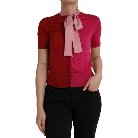 Dolce & Gabbana Pink Short Sleeves Pullover Ascot Collar Top Dolce & Gabbana