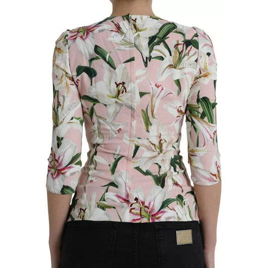 Dolce & Gabbana Pink Floral Viscose Round Neck Blouse Top Dolce & Gabbana