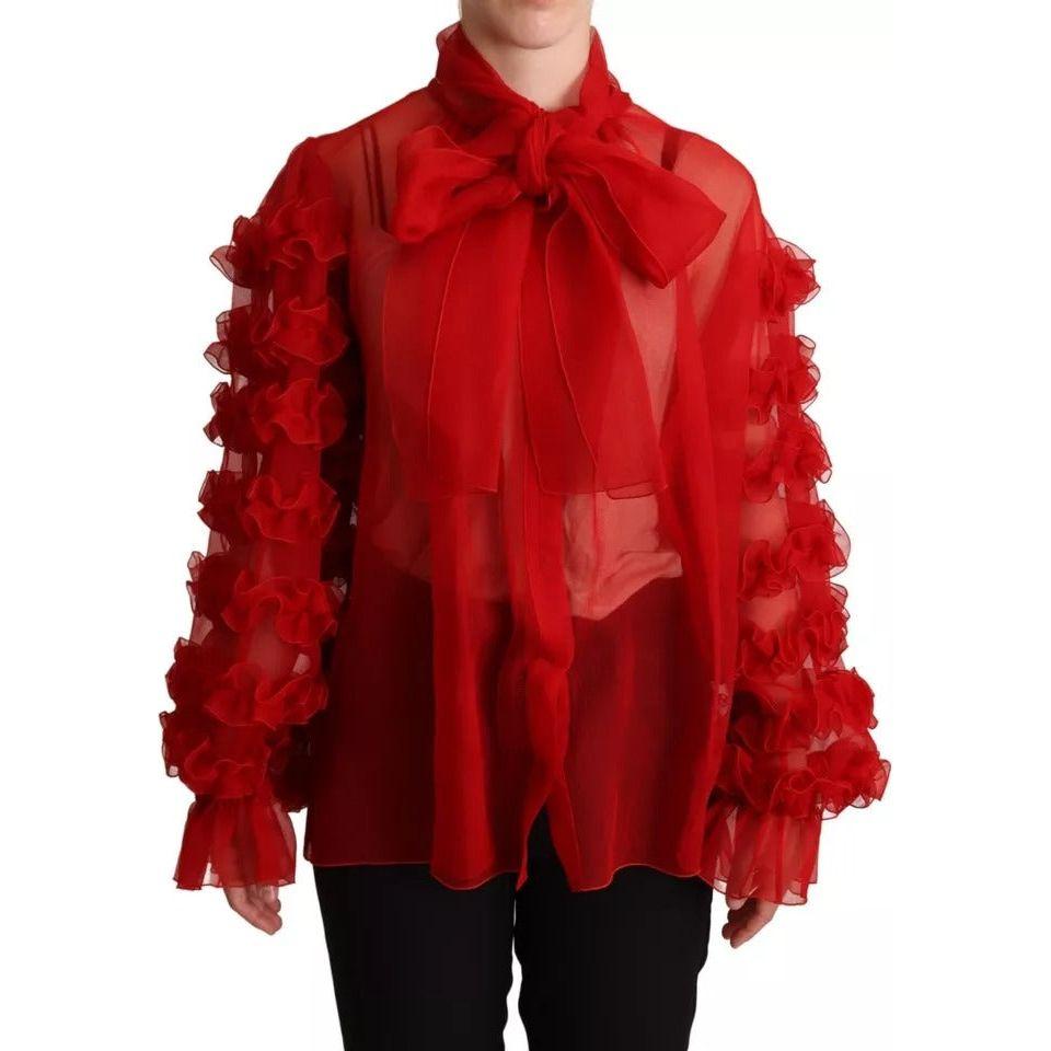 Dolce & Gabbana Red Silk Ascot Collar Ruffles Blouse Top Dolce & Gabbana Dark Red