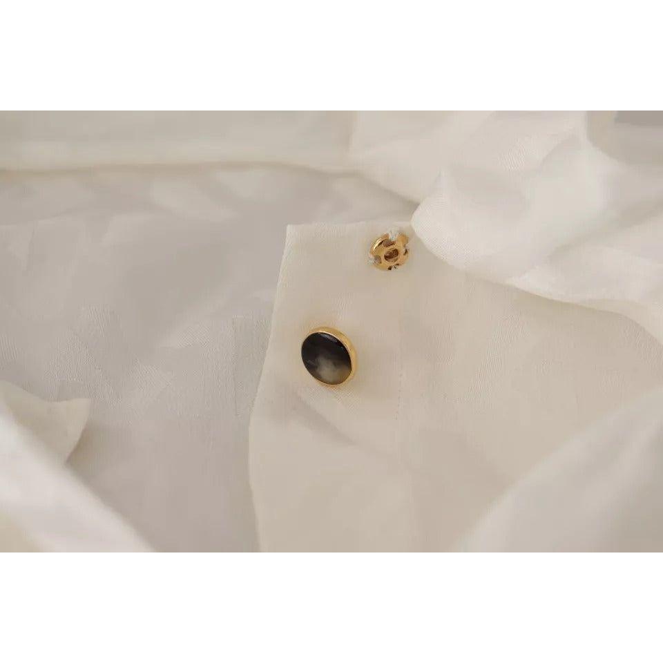 بلوزة دولتشي آند غابانا من الحرير المنقوش باللون الأبيض وياقة أسكوت