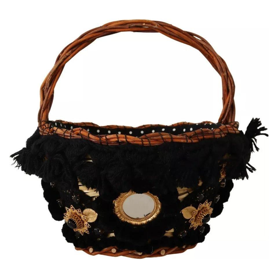 Dolce & Gabbana Black Beige Straw Basket Tote Pom Pom Crystals Bag Dolce & Gabbana