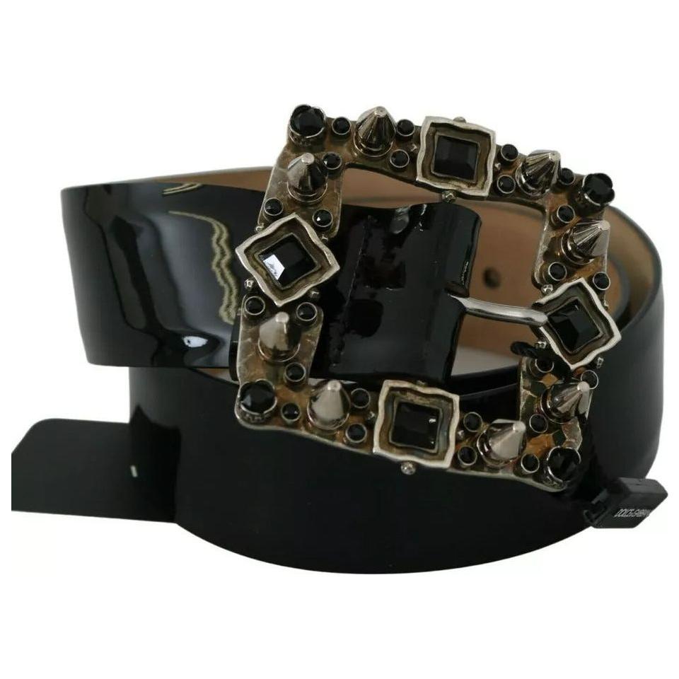 Dolce & Gabbana Black Shiny Leather Crystal Logo Buckle Belt Dolce & Gabbana