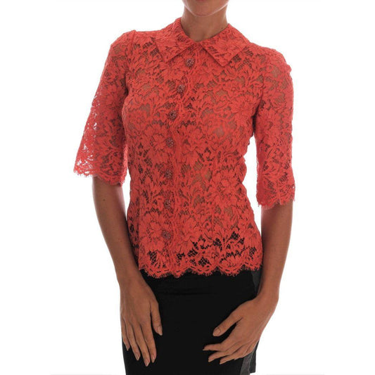 Dolce & Gabbana Orange Crystal Buttons Floral Lace Blouse Dolce & Gabbana
