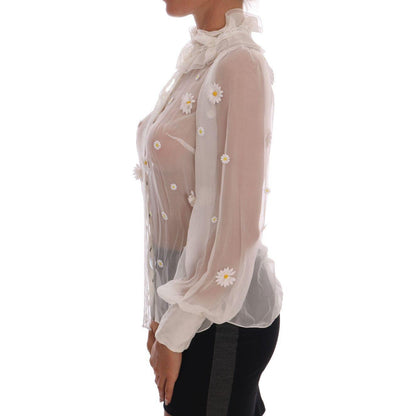 Dolce & Gabbana White Daisy Applique Silk Shirt