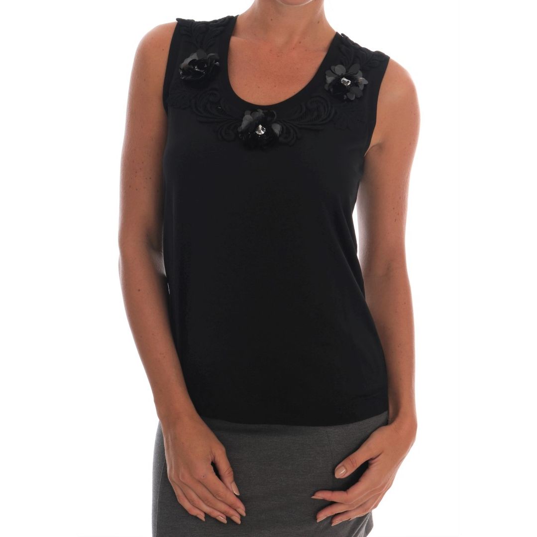 Dolce & Gabbana Black Cotton Floral Crystal Tank Top