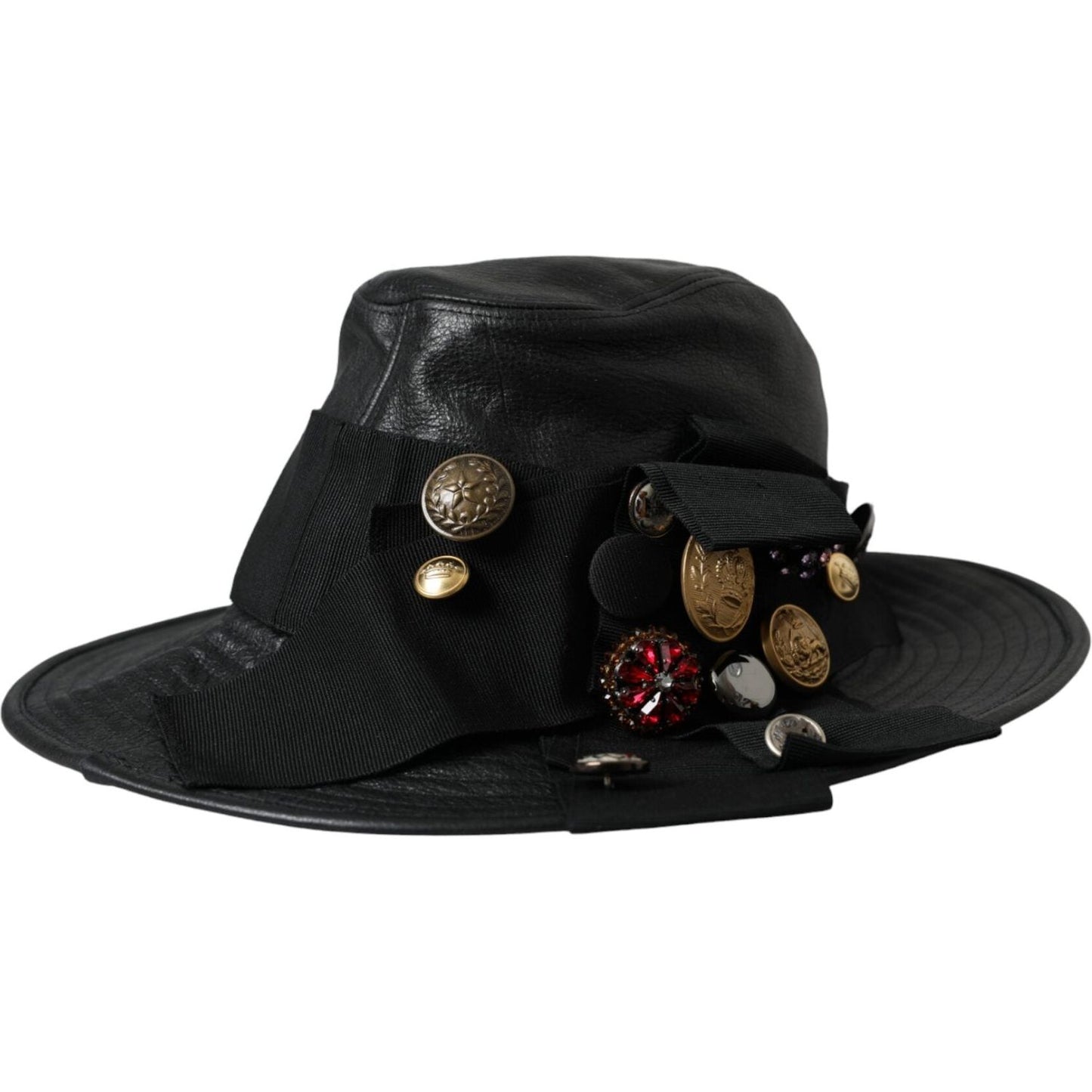 Dolce & Gabbana Black Leather DG Coin Crystal Wide Brim Hat Dolce & Gabbana