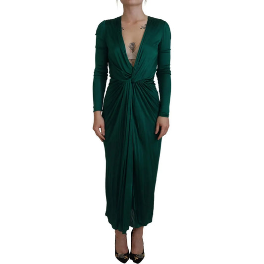 Dolce & Gabbana Dark Green Viscose Long Sleeve Midi Dress 1728,67345645728,Clothing,Dark Green,Dolce & Gabbana,Dresses - Clothing,Dresses - Women - Clothing,IT36 | XS,Long - Dresses - Clothing,Longsleeve - Dresses - Clothing,Preowned / Defect,Women,Women