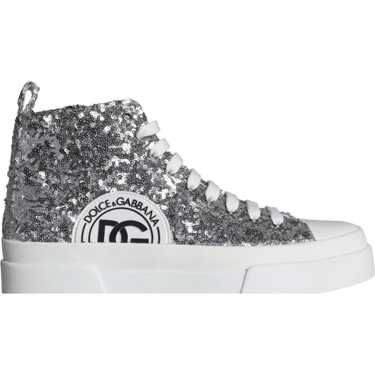 Dolce & Gabbana Silver White Sequined High Top Sneakers Shoes Dolce & Gabbana